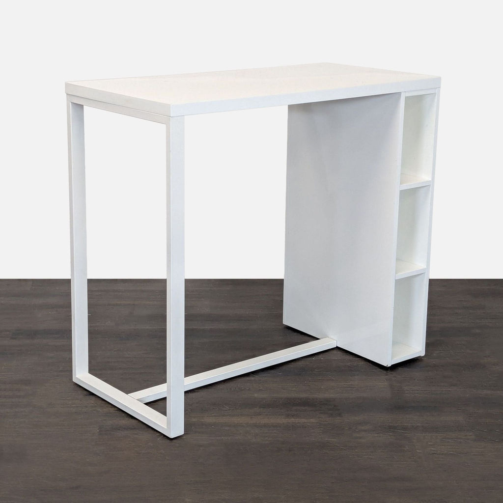 Compact white desk with built-in storage shelves, perfect for bedrooms or dorm room work areas.