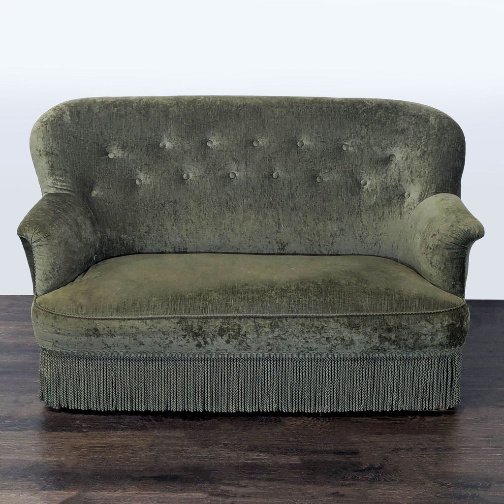 Vintage Green Velvet Loveseat with Tufted Back and Fringe Detail