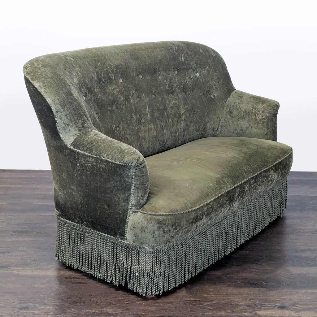 Vintage Green Velvet Loveseat with Tufted Back and Fringe Detail