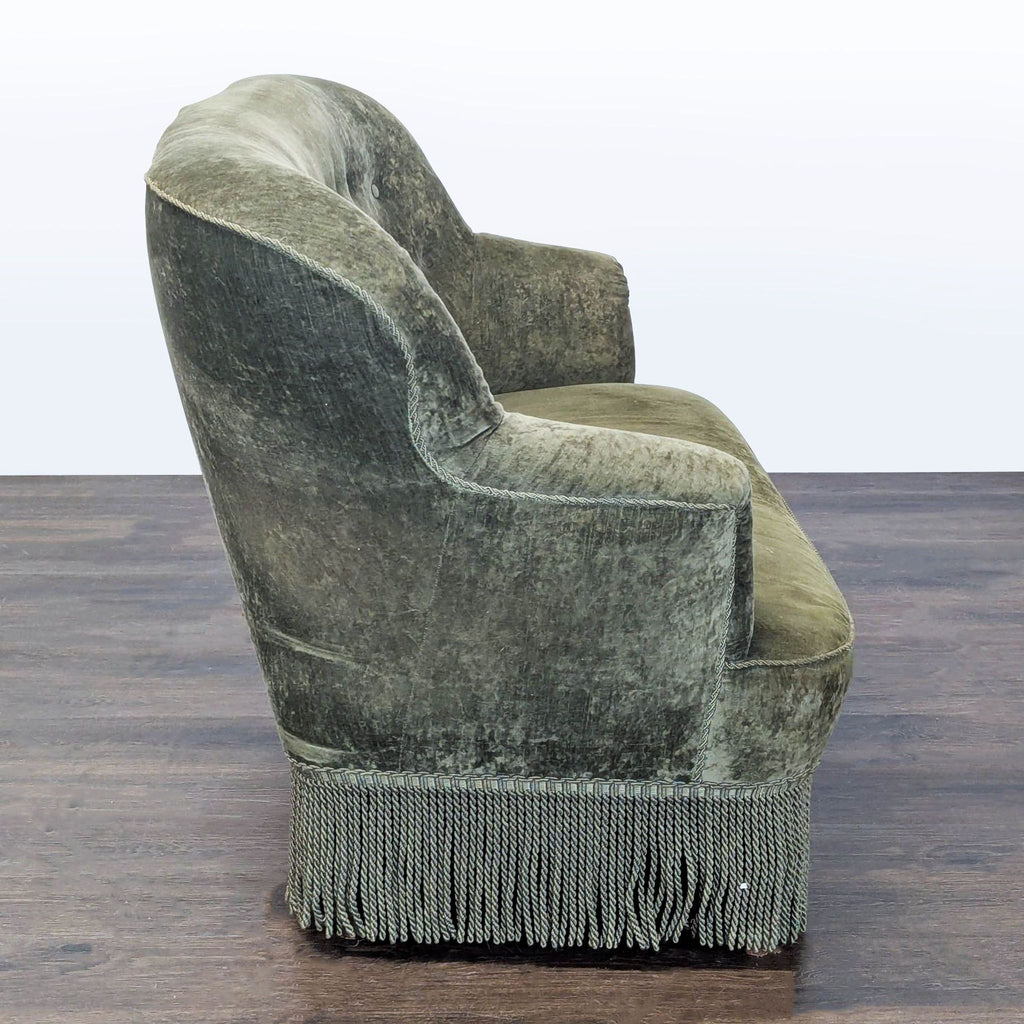 Vintage Green Velvet Loveseat with Tufted Back and Fringe Detail