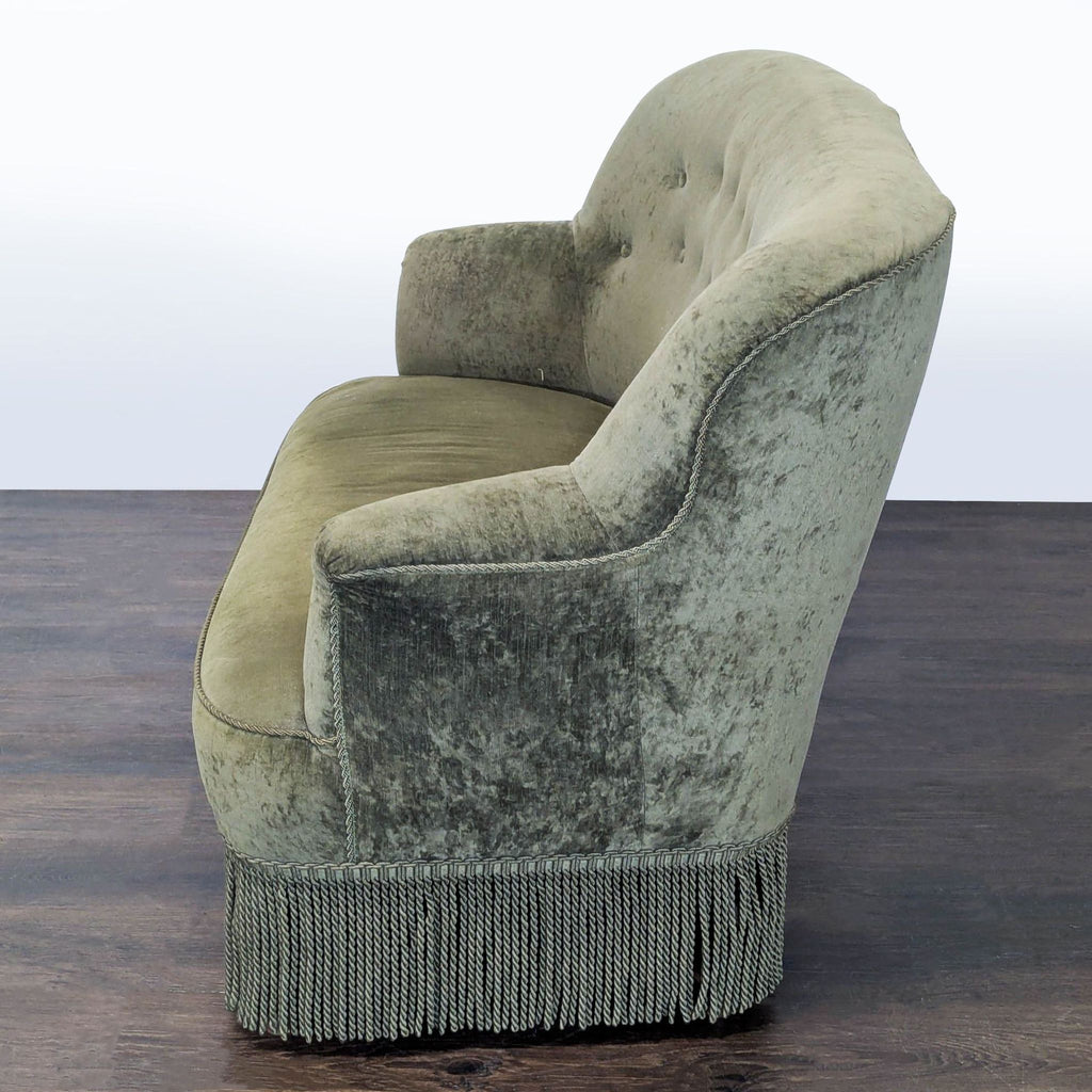 Vintage Green Velvet Loveseat with Tufted Back and Fringe Detail