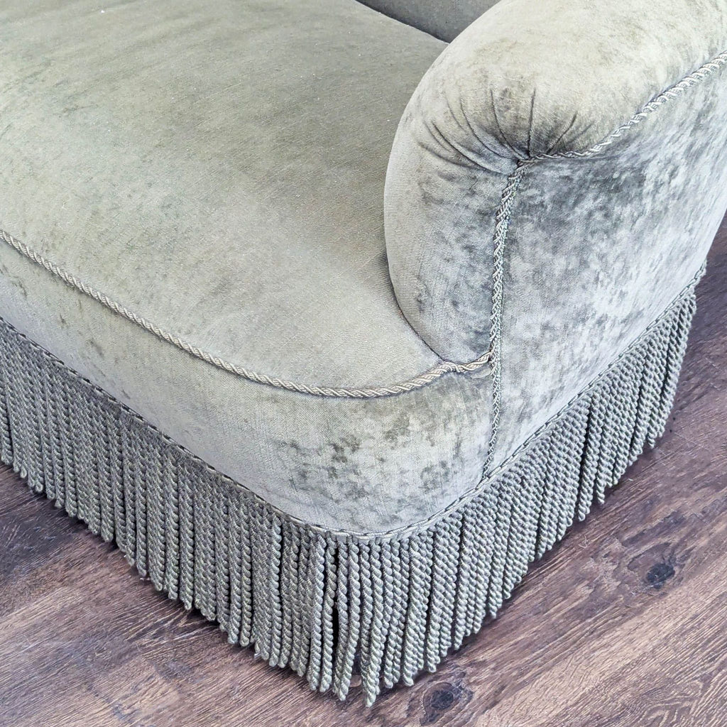 Vintage Green Velvet Loveseat with Tufted Back and Fringe Detail