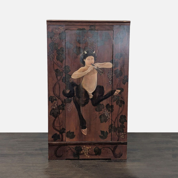 Hand-painted hutch depicting a satyr with horse features playing a flute amid grape clusters.