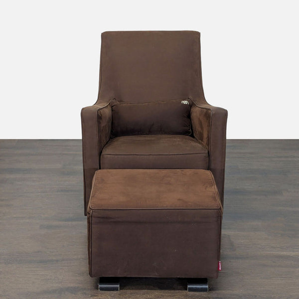 Brown Monte lounge chair with gliding motion, matching ottoman, and an extra cushion for added comfort.