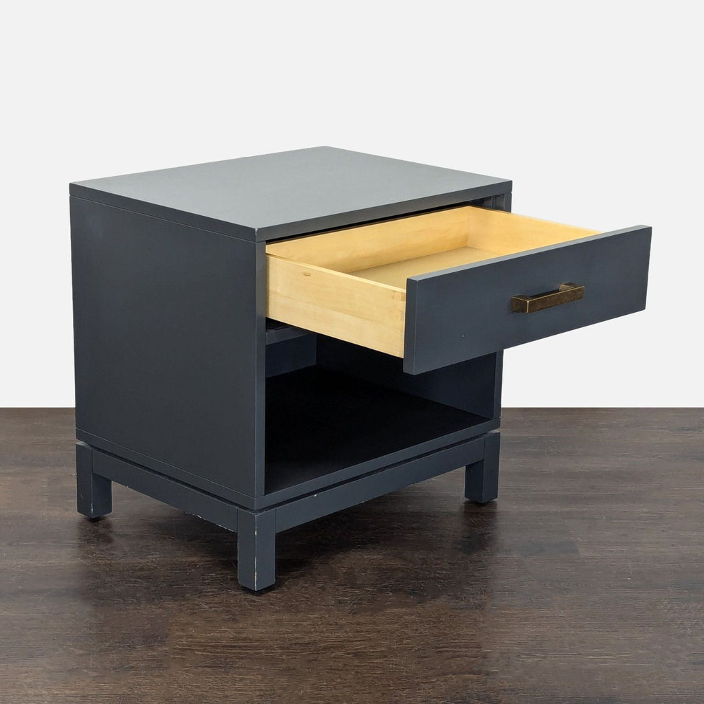 2. Wooden nightstand featuring a drawer, open storage shelf, and metal knob.