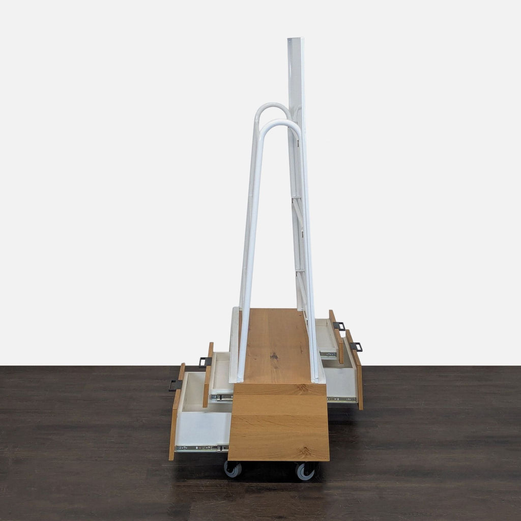 Large portable whiteboard unit with sturdy wood drawers and casters, designed for versatile office organization.