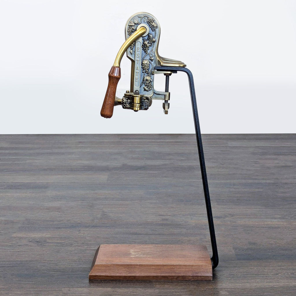 Rogar Estate Antique Brass Wine Opener with Freestanding Wood Display Stand