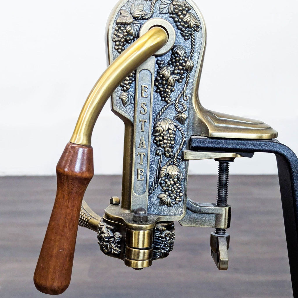 Rogar Estate Antique Brass Wine Opener with Freestanding Wood Display Stand