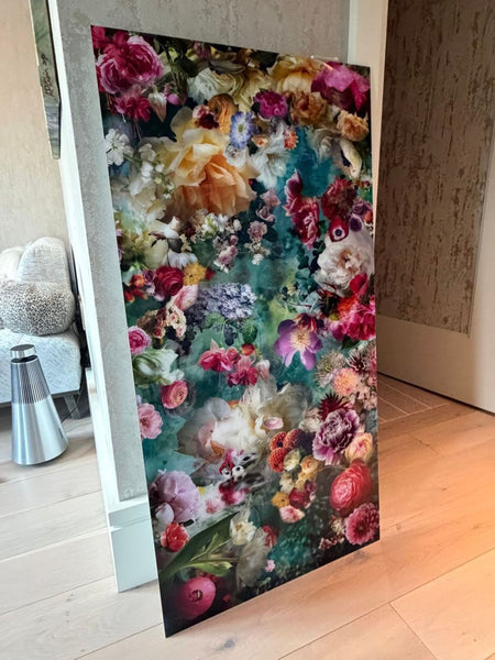 1. Abstract floral painting by Isabelle Menin with vibrant colors and layered textures, blending petals and foliage.  