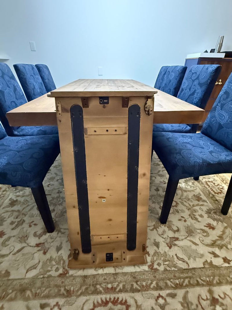 Dining setup: 84-inch Pottery Barn table plus eight slipcovered Ikea high back chairs, fits eight people.