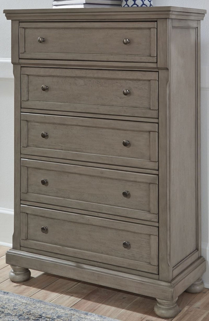 1. Ashley Furniture gray wood dresser with five drawers and round metal knobs, featuring classic bun feet.  