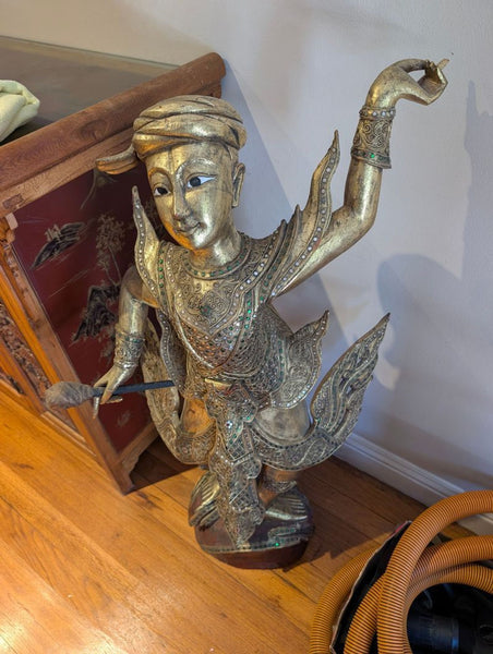 Hand-carved and decorated teak piece from Baan Tawai, Thailand, made around 2005, showing intricate craftsmanship.