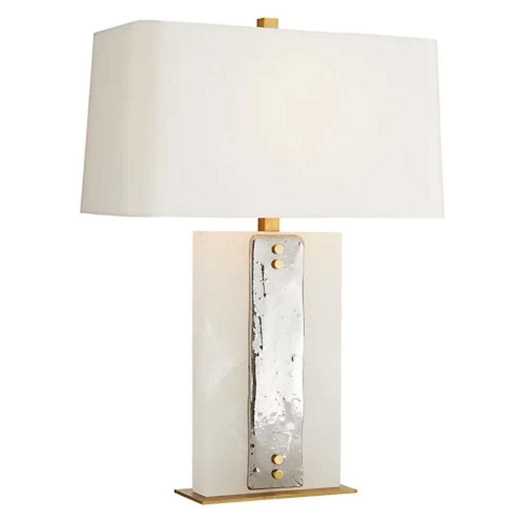 Modern Reperch table lamp with a rectangular white base, metallic accent strip, and a wide white lampshade.