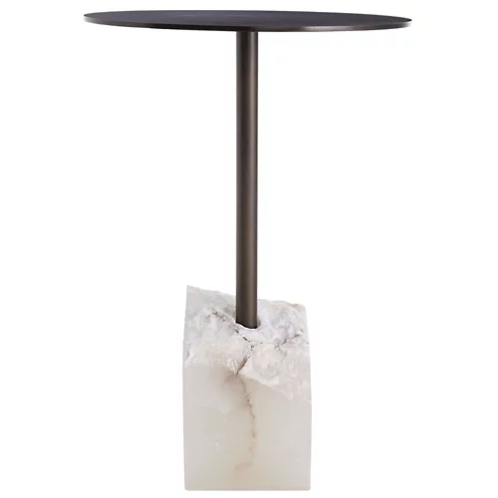 1. Reperch side table featuring a round black top, slim metal stem, and chunky white stone base.  