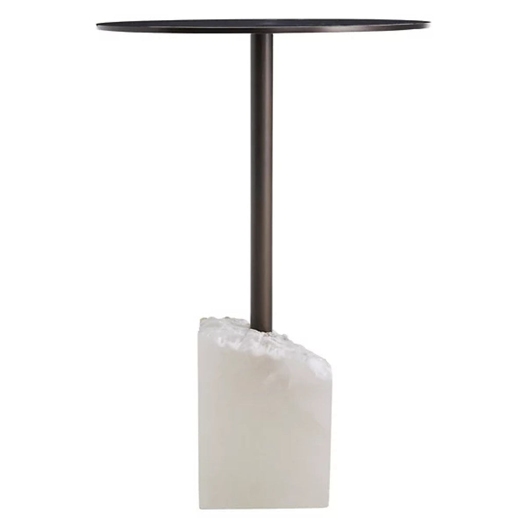3. Reperch console table with sleek black top, metal central support, and a rough, geometric white base.