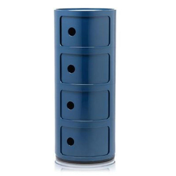 Blue cylindrical Reperch cabinet with four drawers, each featuring a round hole handle for easy access.
