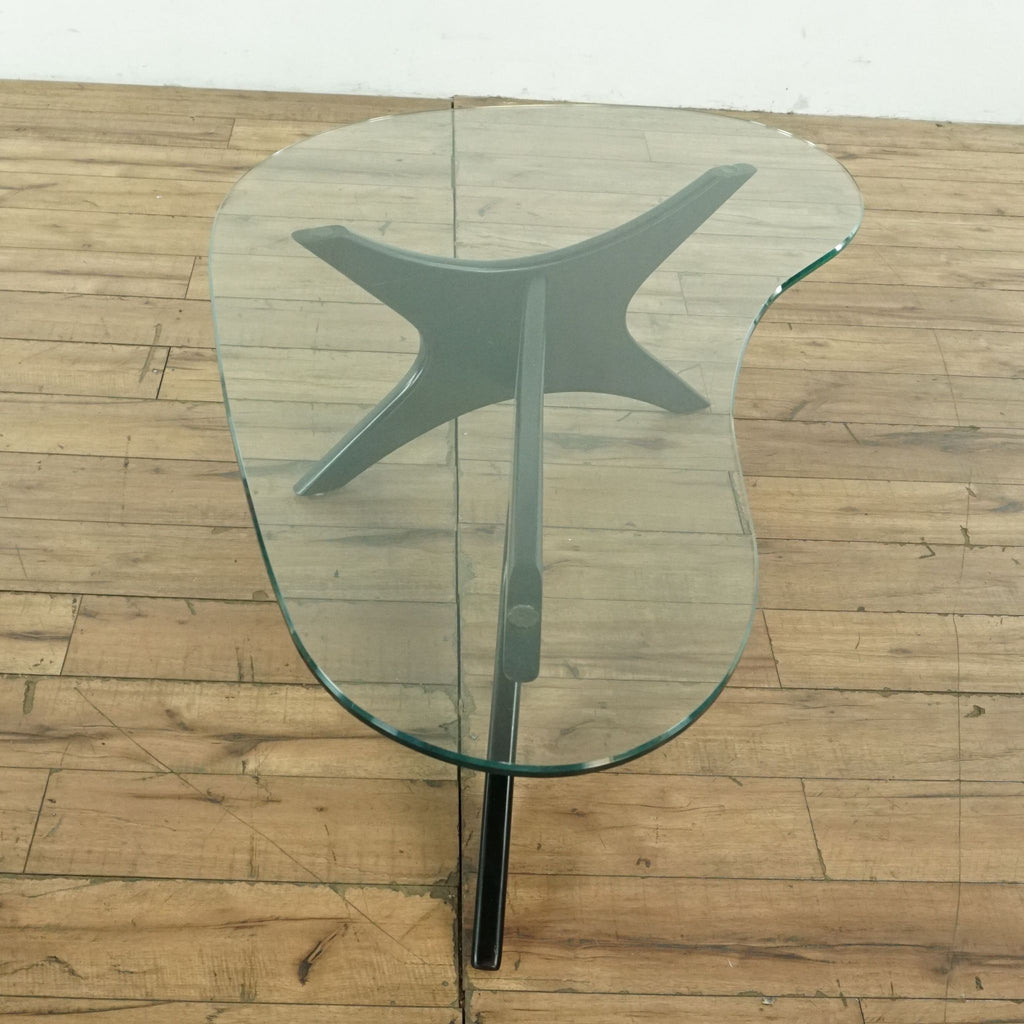 2. Top-down view of a Scandinavian Designs coffee table featuring kidney-shaped glass top and abstract wood base.