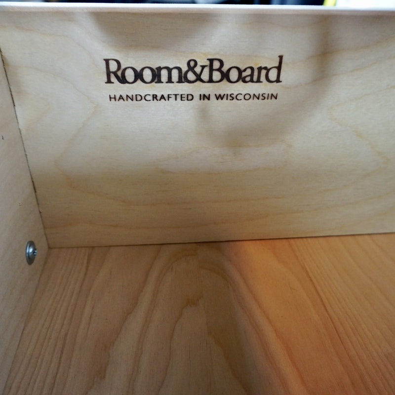 3. Interior drawer detail showing Room & Board branding, "Handcrafted in Wisconsin," engraved on wood.