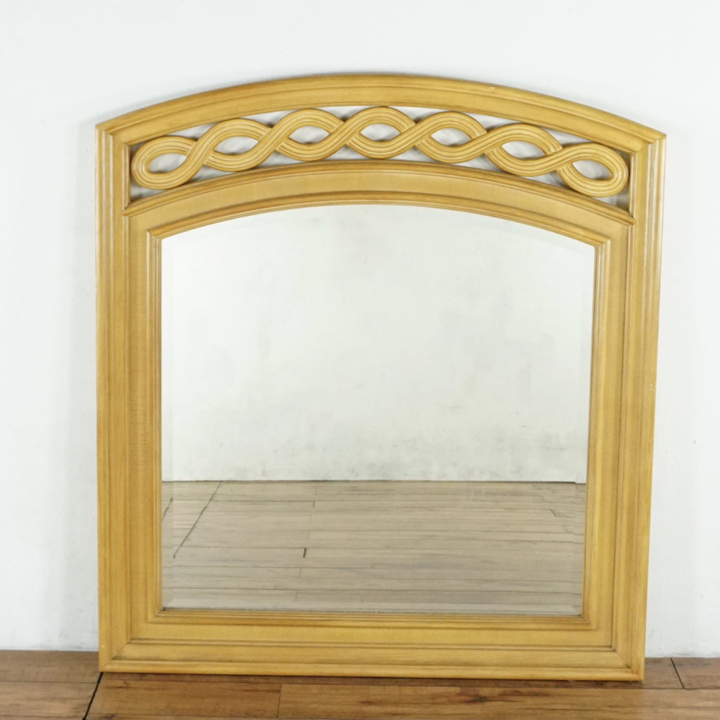 1. Rectangular Reperch wood-framed mirror with arching top and carved wave detail, in very good vintage condition.