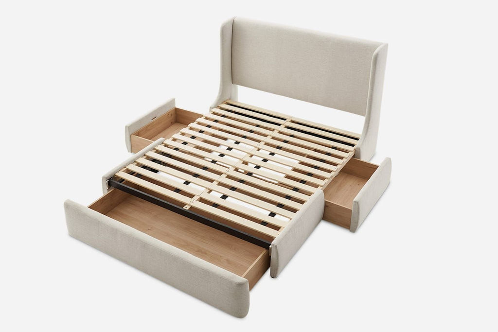 3. Reperch frame bed with mattress removed, revealing four built-in under-bed storage drawers extended.