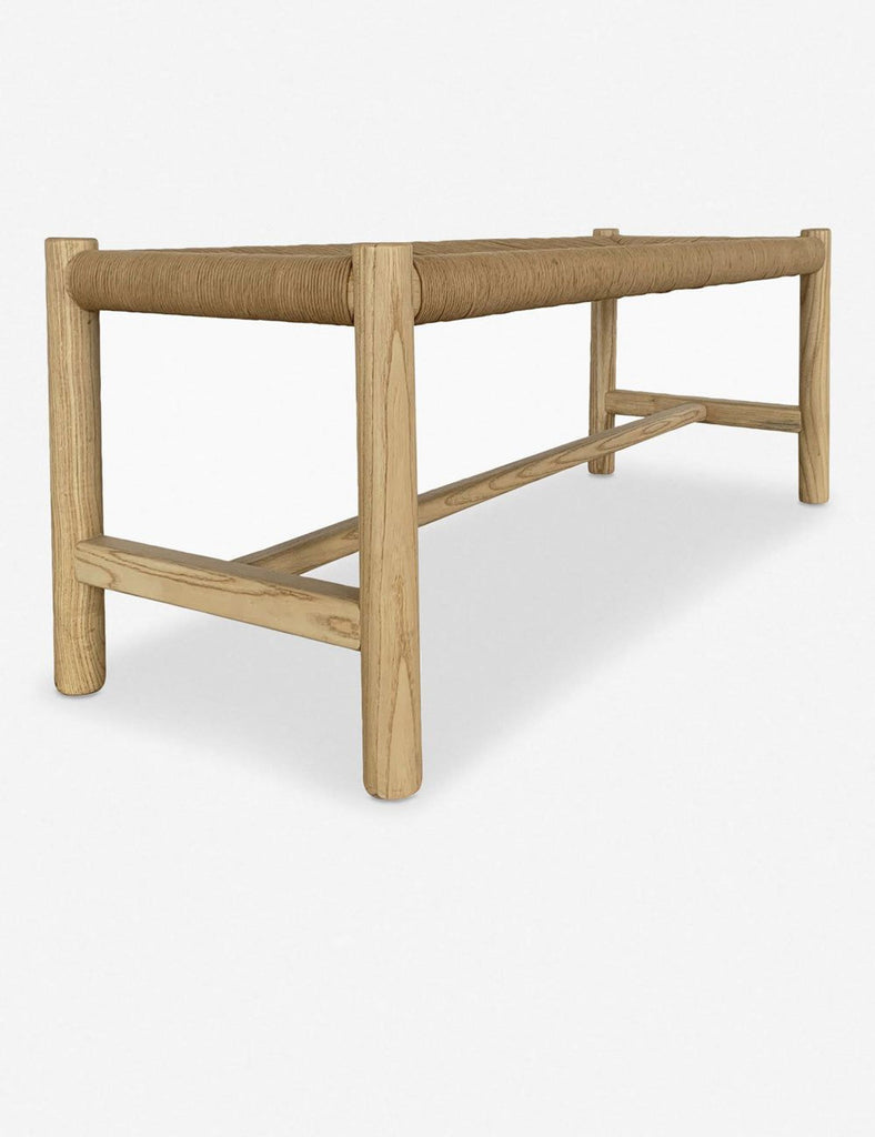 2. Angled side view of the Reperch bench showcasing sturdy wooden legs and textured woven seat detail.  