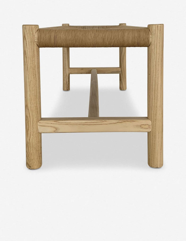 3. Direct end view of the Reperch woven bench, highlighting its solid wood construction and natural finish.
