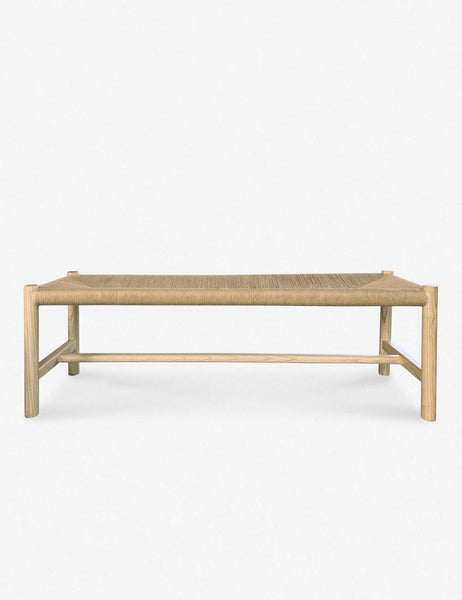 1. Front view of a Reperch bench with a woven seat, wooden frame, and minimalist design on a white background.  