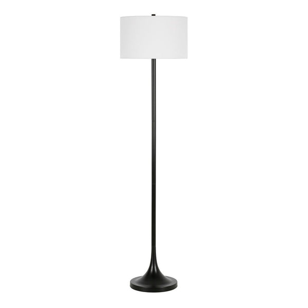 1. Tall black floor lamp with a round base and white drum shade, from Bison Commerce Lighting collection.