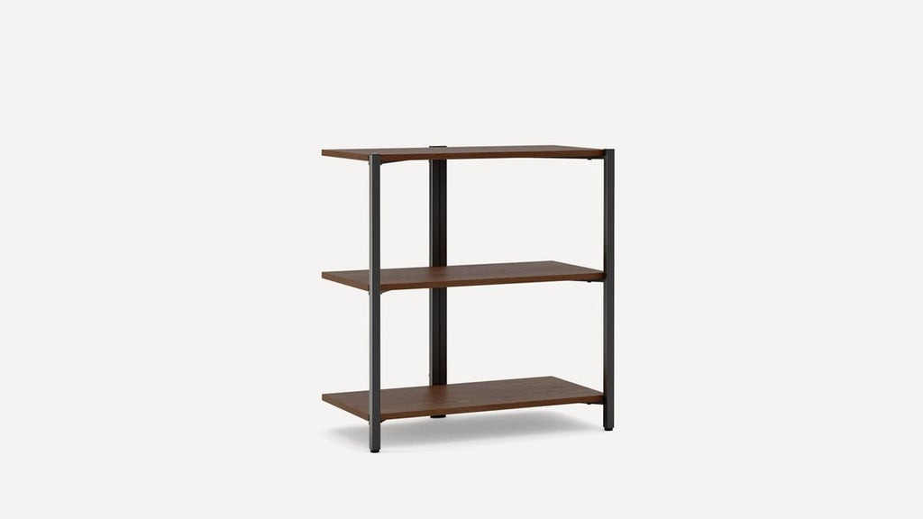 Reperch brand open shelving unit with three wooden shelves and black frame, viewed from an angle.