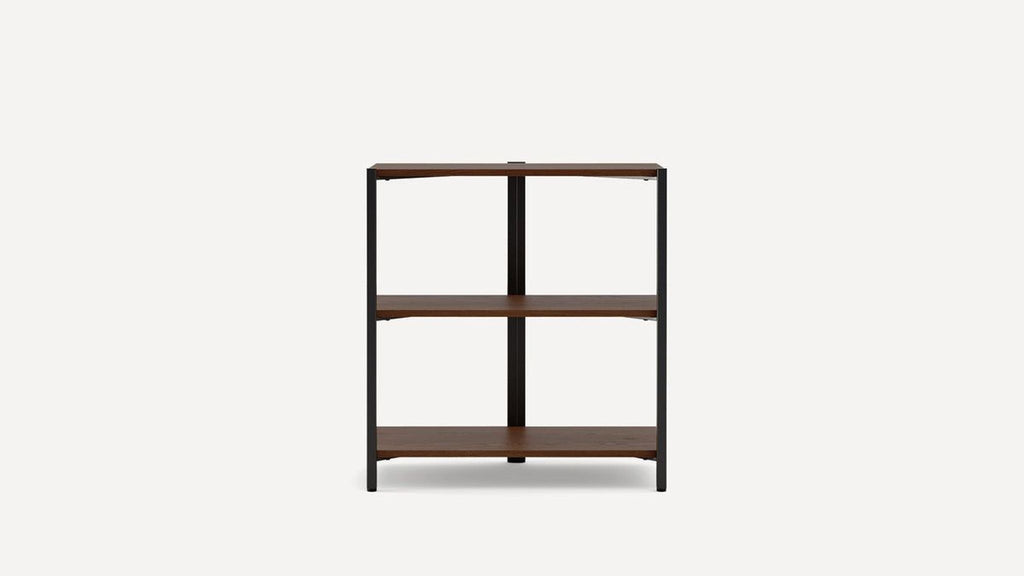 Dark brown three-tier shelf by Reperch with black metal frame, shown from the front on a plain background.  