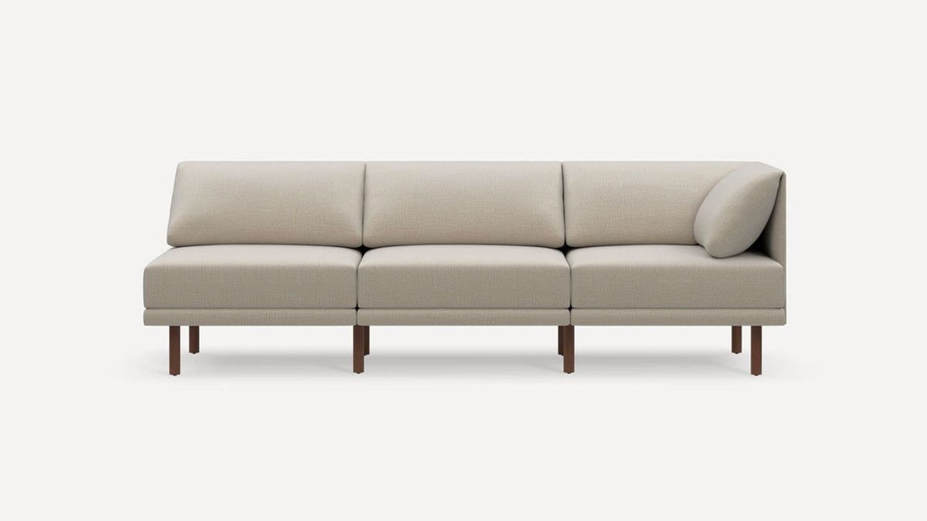 1. Front view of a Reperch 3-seat sofa with beige upholstery and wooden legs, showing minimalist design.