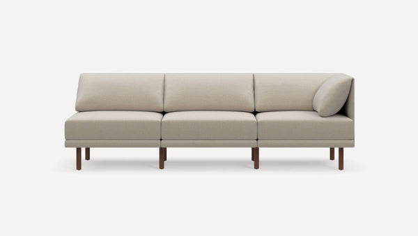 1. Front view of a Reperch 3-seat sofa with beige upholstery and wooden legs, showing minimalist design.