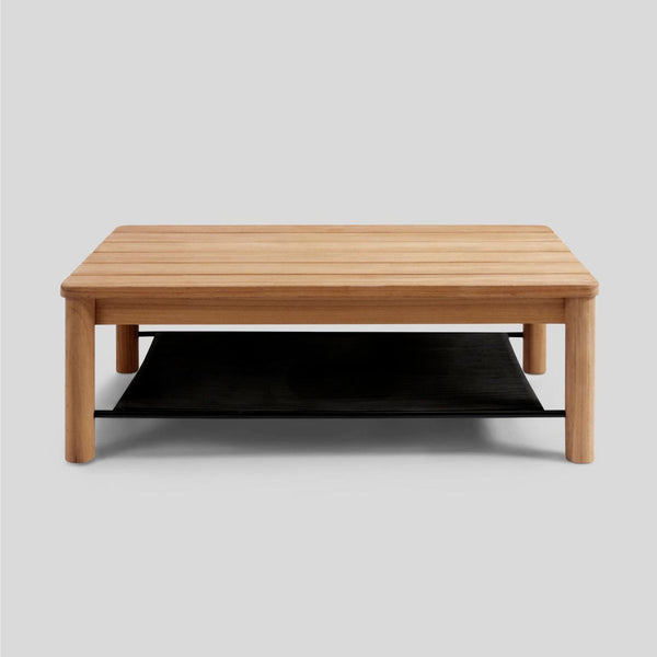 Oversized solid wood Neighbor coffee table with a weather-resistant rope shelf, suitable for indoor or outdoor use.