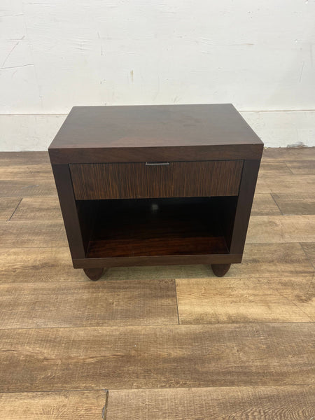 1. Reperch brand end table in a closed position, featuring a dark wood finish, with a single drawer and open shelf, set on a hardwood floor.