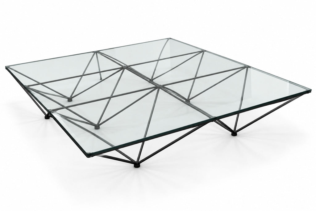 2. Sleek designer Paolo Piva square coffee table, glass top and metal frame, $7000, contemporary style.  