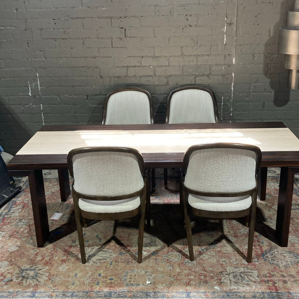 1. Reperch dining set with Italian marble inlay table and four upholstered chairs on a vintage rug.