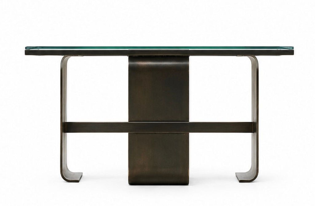 Minimalist Vienna Way console table by Marmol Radziner, 2015, with clean lines and rich wood finish.