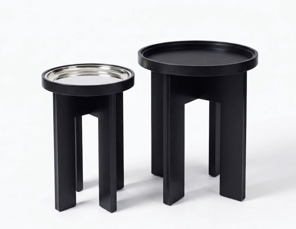 2015 Holly Hunt M side tables, metallic frame and geometric surface; luxury Side & Console Table, $5000.