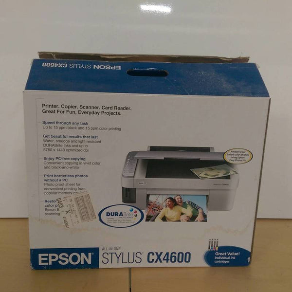 1. Epson Stylus CX4600 All-in-One Printer box showing product features, functions, and included DURABrite photo pack.