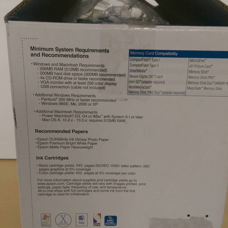 2. Back of Epson Stylus CX4600 printer box detailing system requirements, compatible memory cards, papers, and ink yield.