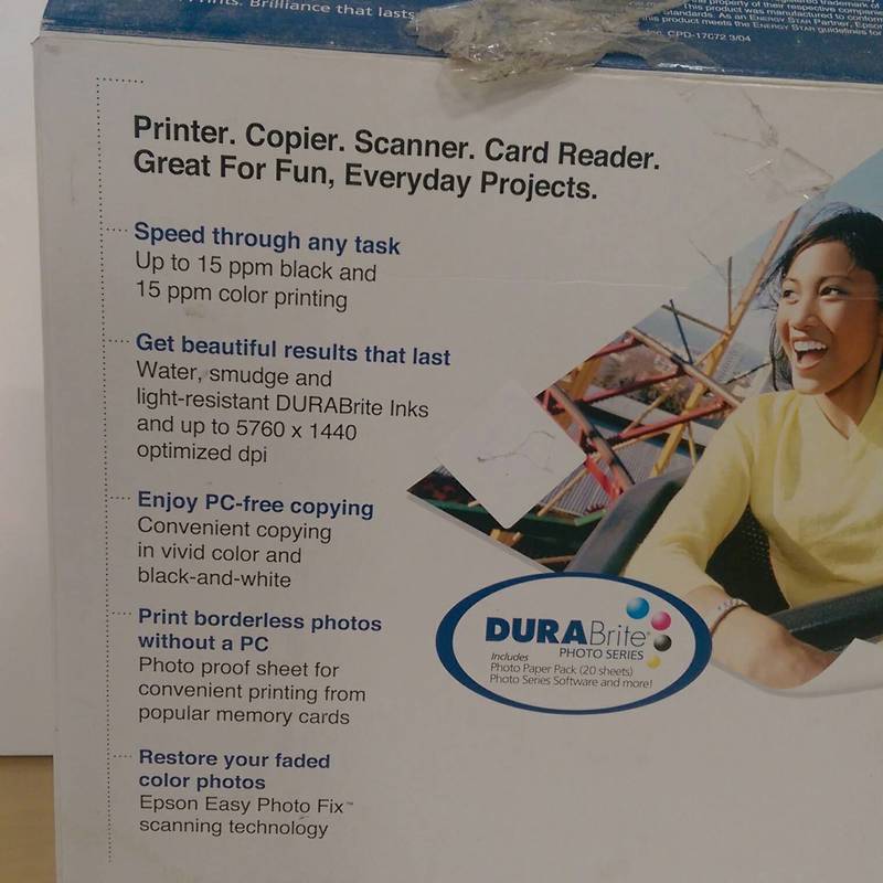 3. Side view of Epson Stylus CX4600 printer box highlighting printing speed, DURABrite inks, and photo restoration features.