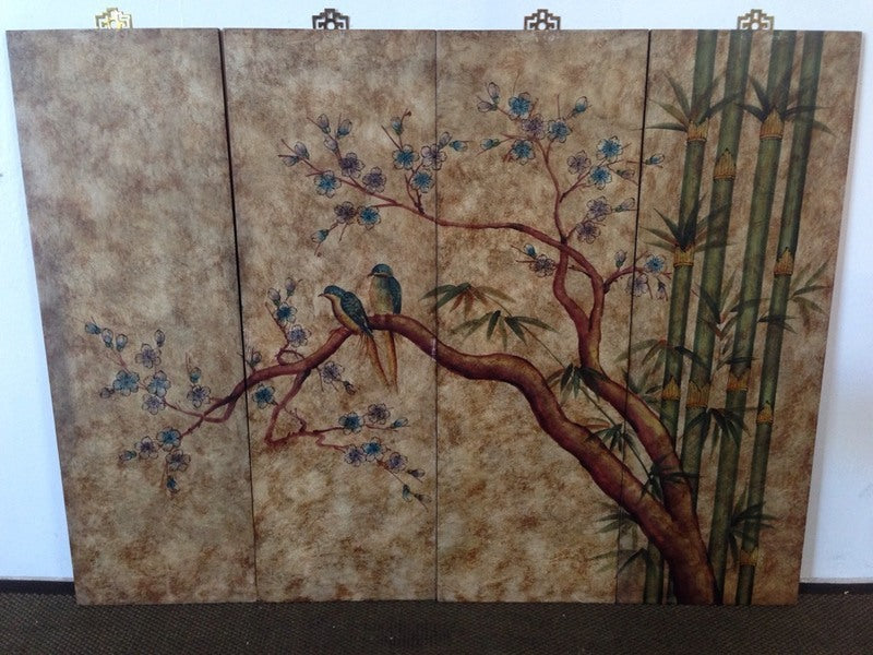 3. Reperch room divider in Other category, with painted birds, blue blossoms, and tall bamboo on four panels.