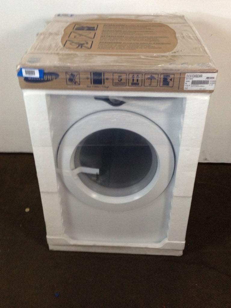 1. Front view of a Samsung DV361EWBEWR front load dryer in original packaging, ready for installation.