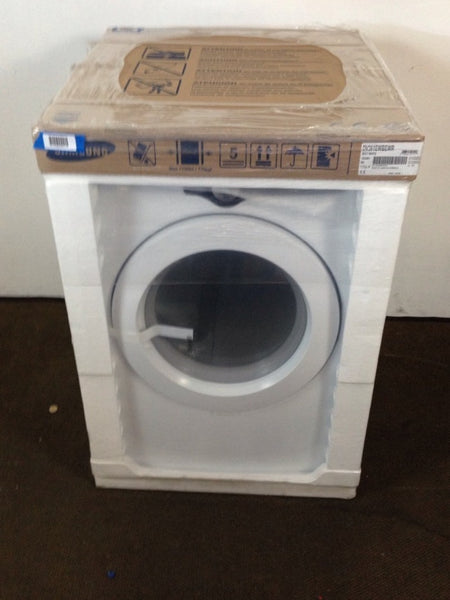 1. Front view of a Samsung DV361EWBEWR front load dryer in original packaging, ready for installation.
