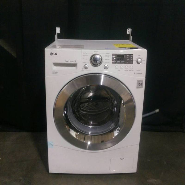 LG WM1377HW front load washer with chrome door, digital controls, and detergent drawer, shown from the front.  