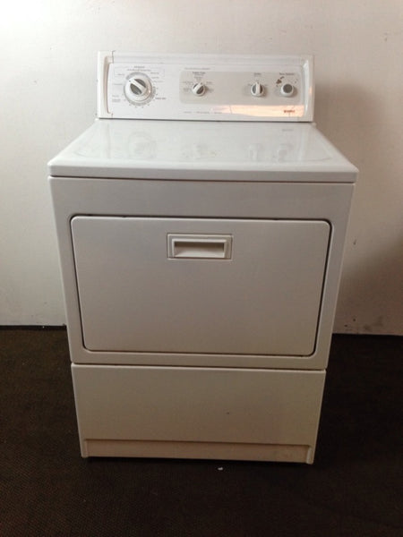 1. Front view of a white Kenmore dryer, showing control panel, door, and brand logo in Washer/Dryer category.  