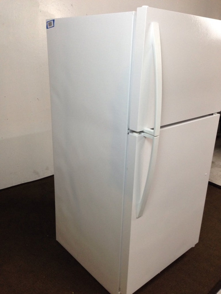 Angled left-side view of a Kenmore refrigerator with freezer, showing both doors and the appliance's clean white finish.