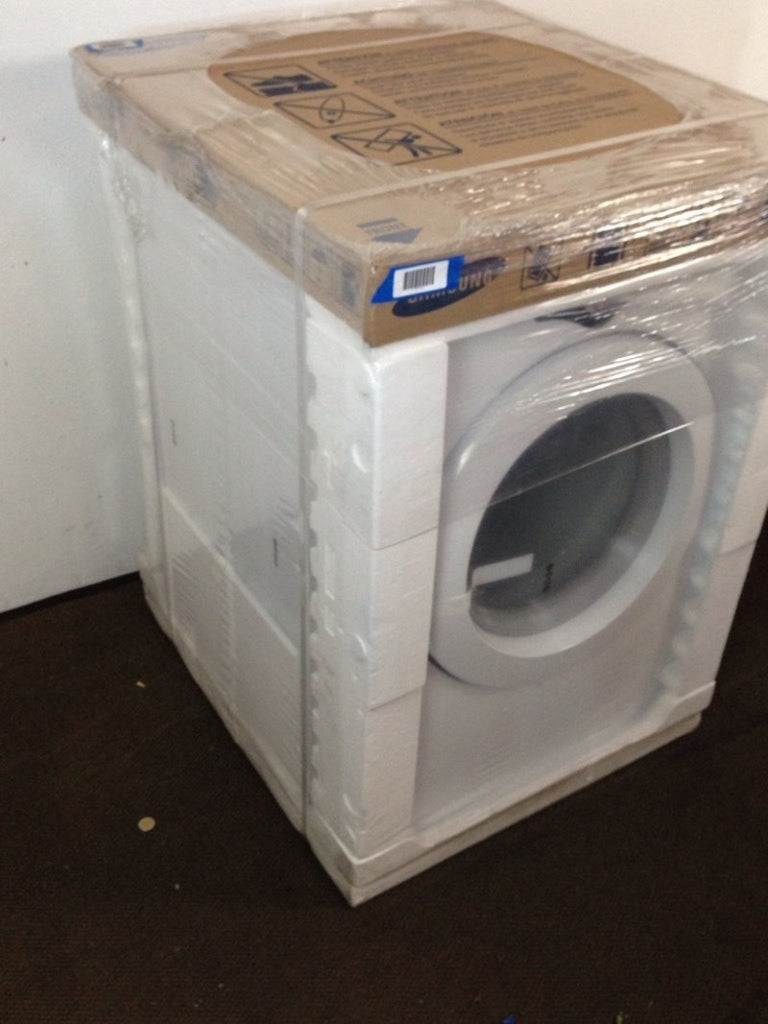 2. Side angle of a Samsung DV361EWBEWR front load dryer, fully wrapped with cardboard and foam for shipping.