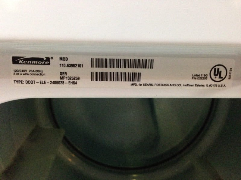 2. Close-up of the inside label on a Kenmore dryer, displaying model, serial number, and specifications.  