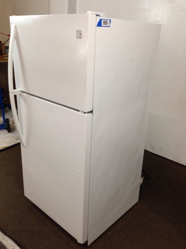 Right-side perspective of a Kenmore full size refrigerator and freezer in white, with curved handles and brand logo visible.